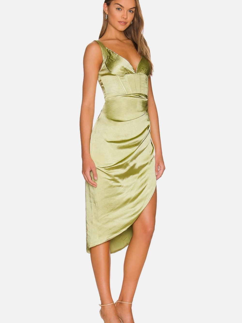 Elliatt Lime Green Satin High-Low Midi Dress